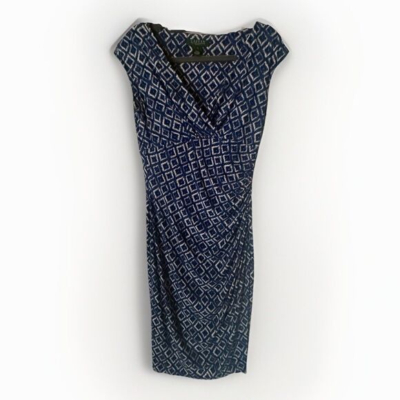 Lauren Ralph Lauren Dress Womens 4 Blue Ikat Geometric Sheath Ruched Sleeveless - Picture 1 of 9